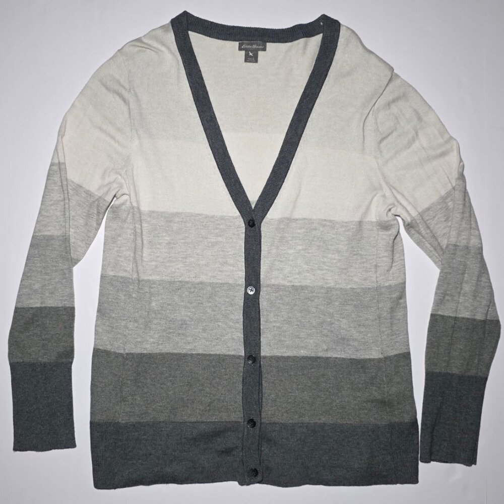 Eddie Bauer Womens Gray and White Striped Cardigan Sweater Size Large